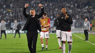 Ole Gunnar Solskjaer and Anthony Martial celebrate Manchester United's long-awaited away win during their Europa League group L match against Partizan Belgrade. AFP