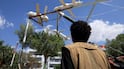 Houthi-made mock drones and missiles are displayed in Sanaa, Yemen. EPA