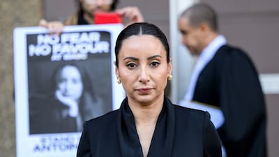 Antoinette Lattouf speaks to the media during a doorstop at the Federal Court of Australia in Sydney, Australia, on June 25, 2025. EPA
