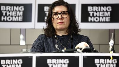 British-Israeli Sharon Lifschitz, whose parents were taken hostage by Hamas, attends a press conference in London. AFP