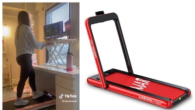 Walking pads are designed to fit under desks to be used during the working day and fold up to half their size. Photo: Motorwalk; Marshal Fitness