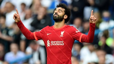 Mohamed Salah celebrates after opening the scoring in Liverpool's Premier League win over Leeds at Elland Road on Sunday, September 12. Reuters
