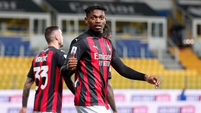 Milan's Rafael Leao celebrates after scoring their third. EPA