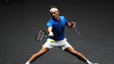 Roger Federer of Team Europe plays a forehand during his singles match against Sam Querrey of Team World on Day 2 of the Laver Cup on September 23, 2017 in Prague, Czech Republic. Clive Brunskill / Getty Images for Laver Cup