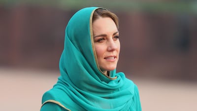 Catherine, Duchess of Cambridge arrives at the Badshahi Mosque within the Walled City during day four of their royal tour of Pakistan on October 17, 2019 in Lahore, Pakistan. Her traditional Pakistani attire is by designer Maheen Khan. All photos: Chris Jackson / Getty Images