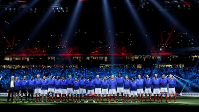 The France 98 team lines up before the match. This summer marks 20 years since the nation's World Cup triumph. Gonzalo Fuentes / Reuters