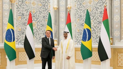 Sheikh Mohamed bin Zayed, Crown Prince of Abu Dhabi and Deputy Supreme Commander of the UAE Armed Forces, meets Jair Bolsonaro, President of Brazil, at the Presidential Palace in Abu Dhabi on Sunday. Courtesy Sheikh Mohamed bin Zayed Twitter