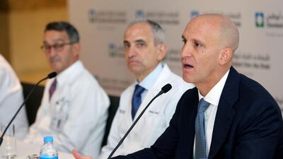 Dr Rakesh Suri, CEO of Cleveland Clinic Abu Dhabi, speaks at a press conference to launch the UAE's first multi-organ transplant programme. Chris Whiteoak / The National