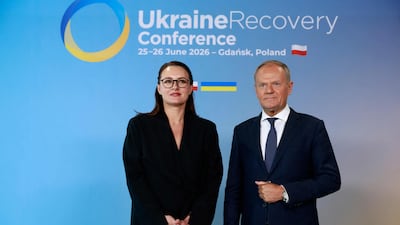 Polish Prime Minister Donald Tusk welcomes Ukrainian Prime Minister Yulia Svyrydenko at the Ukraine Recovery Conference in Gdansk. AFP