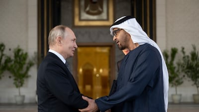President Sheikh Mohamed with Vladimir Putin, President of Russia, at Qasr Al Watan in Abu Dhabi in December. Photo: UAE Presidential Court
