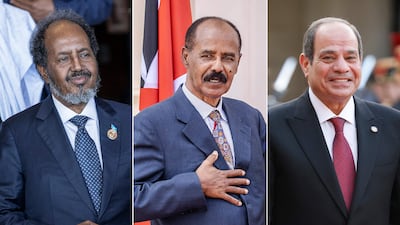 From left, Somali President Hassan Sheikh Mohamud, Eritrean President Isaias Afwerki and Egyptian President Abdel Fattah El Sisi. AFP