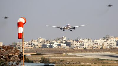 The plane of Sheikh Mohamed bin Zayed is escorted by Fighter Jets as it arrives in Amman. Andre Pain / EPA