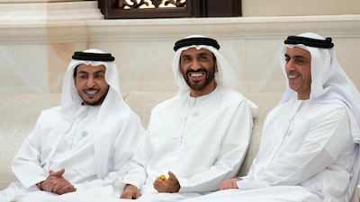 (L-R) HH Sheikh Issa bin Zayed Al Nahyan, HH Sheikh Nahyan Bin Zayed Al Nahyan, Chairman of the Board of Trustees of Zayed bin Sultan Al Nahyan Charitable and Humanitarian Foundation and HH Lt General Sheikh Saif bin Zayed Al Nahyan, UAE Deputy Prime Minister and Minister of Interior, attend an iftar reception at Al Bateen Palace. Eissa Al Hammadi for The Crown Prince Court - Abu Dhabi
