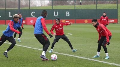 Marcus Rashford, Eric Bailly, Juan Mata and Jesse Lingard during the training session.