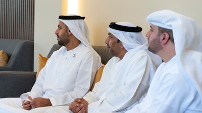 Sheikh Mohammed bin Hamad bin Tahnoon, adviser for Special Affairs at the Ministry of Presidential Affairs, Abdulla Habtoor Theeb Al Derei and Dr Ahmed Mubarak Al Mazrouei, Secretary General of the Abu Dhabi Executive Council, attend a reception at the home of Dr Omar Habtoor Al Derei, Director General of the UAE Fatwa Council (not shown).