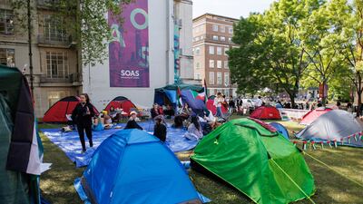A student encampment at the School of Oriental and African Studies (SOAS) at the University of London. EPA