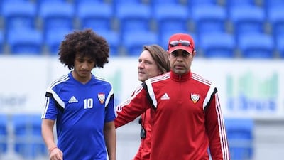 Omar Abdulrahman, left, was out to train at the CBus Super Stadium, south of Brisbane, Australia, after having not playing a match since he limped out of the Gulf Cup of Nations semi-final against Saudi Arabia on November 23. The UAE face Jordan in a friendly on December 30 in preparation for the Asian Cup. Courtesy UAE FA