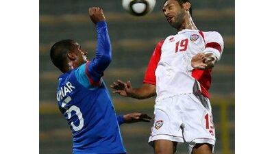 India, in blue, were defeated 5-0 by UAE in a friendly in Dubai last month, illustrating how far behind other Asian nations they are in footballing terms. Satish Kumar / The National