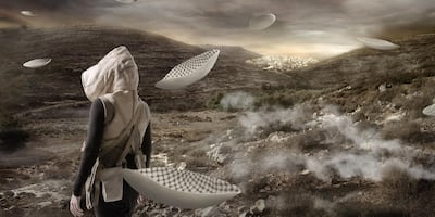 From the film 'In the Future, They Ate From the Finest Porcelain', where the protagonist buries keffiyeh-patterned plates in the hopes that it will be found by archaeologists in the future. Courtesy of the artist and Lawrie Shabibi