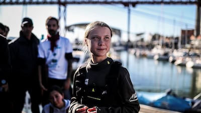 Swedish climate activist Greta Thunberg is pictured after disembarking from the catamaran La Vagabonde at the Santo Amaro docks in Lisbon, on December 3, 2019. AFP