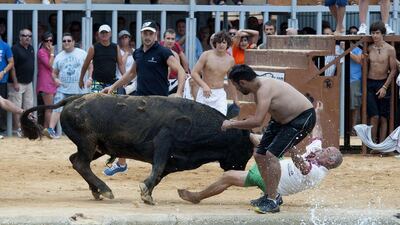A man is gored by a bull during the traditional running of bulls “Bous à la mar” (Bull in the sea) at Denia’s harbour, near Alicante. Jose Jordan / AFP