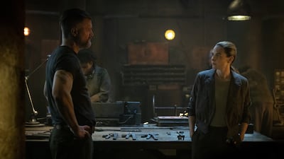 Left, Shane McRae as Knox, head of Silo 18's Mechanical department, and Rebecca Ferguson as Mayor Juliette Nichols. Photo: Apple TV