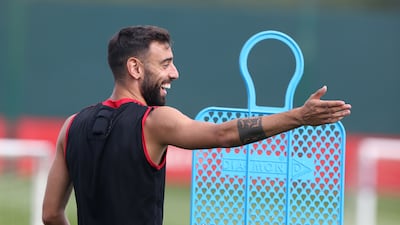 Bruno Fernandes of Manchester United in action during a first team training session at Carrington Training Ground in Manchester, England.