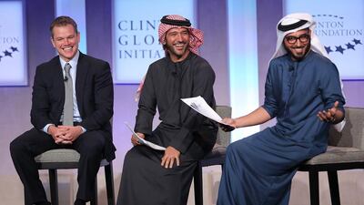 From left: actor Matt Damon and Peeta Planet co-founders Mohamed Al Awadhi and Peyman Al Awadhi at the Clinton Global Initiative in New York. Jemal Countess / Getty Images / AFP