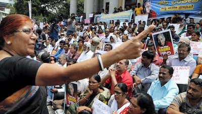 Protests in Bangalore, India on September 6, 2017 against the killing of Indian journalist Gauri Lankesh who was gunned down outside her home in the latest in a string of deadly attacks targeting journalists or outspoken critics of extreme Hindu politics. AP Photo/Aijaz Rahi