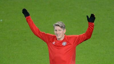 Bastian Schweinsteiger of Manchester United shown at the team’s Monday training session ahead of their Tuesday Champions League match. Peter Steffen / EPA