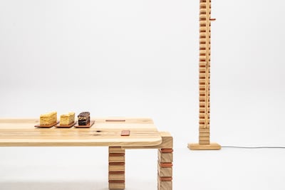 Nourhan Rahhal has made a furniture colletion inspired by the French dessert mille-feuille and its stacked layers. Photo: UAE Designer Exhibition