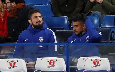 Olivier Giroud, left, watched from the bench as Chlsea were beaten 3-0 by Bournemouth on Wednesday. David Klein / Reuters