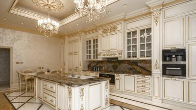 The kitchen has modern appliances amid the vintage decor.