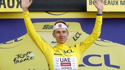 Tadej Pogacar of UAE Team Emirates-XRG with the overall leader's yellow jersey after Stage 7 of the Tour de France. EPA