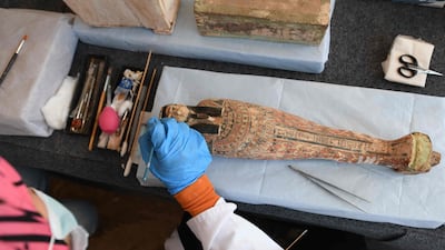 An archaeologist cleans a statue during the unveiling of an ancient treasure trove of more than a 100 intact sarcophagi. AFP