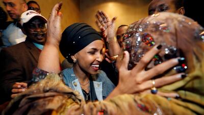 Democratic congressional candidate Ilhan Omar is greeted by her husband’s mother after appearing at her midterm election night party in Minneapolis, Minnesota, on November 6, 2018. Reuters