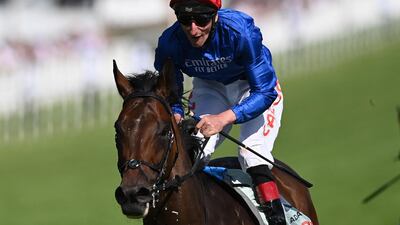 Godolphin's Adayar, ridden by Adam Kirby, wins the Derby at Epsom Downs Racecourse on Saturday, June 5, 2021. AFP