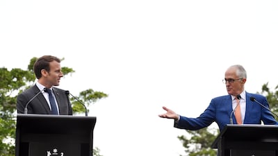 President of France Emmanuel Macron (L) and Australian Prime Minister Malcolm Turnbull (R) speak during a joint press conference at Kirribilli House in Sydney, Australia, 02 May 2018. President of France Emmanuel Macron is on an official visit to Australia until 03 May. Mick Tsikas / EPA