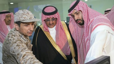 Saudi defence minister Mohammed bin Salman bin Abdul Aziz (R) and interior minister Mohammed bin Nayef bin Abdul Aziz (C) meet with Saudi airforce officers in Riyadh to discuss plans for the coalition's military operations in Yemen. Saudi Press Agency/Handout/AFP Photo