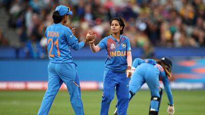 Poonam Yadav celebrates after taking the wicket of Rachael Haynes . Getty