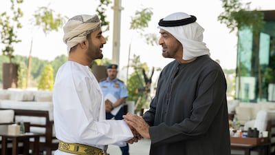 President Sheikh Mohamed bids farewell to Oman's Theyazin bin Haitham at Al Shati Palace