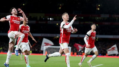 Arsenal's Oleksandr Zinchenko, second right, celebrates after scoring his side's third goal in the 3-1 Premier League win against Burnley at the Emirates Stadium on Saturday, November 11, 2023. PA