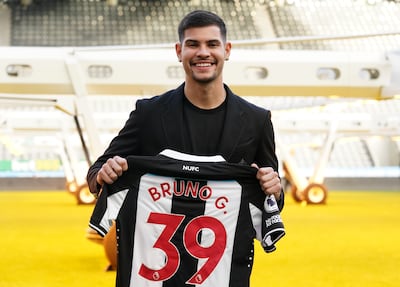 Newcastle United's new signing Bruno Guimaraes after his unveiling at St James' Park on Monday. PA