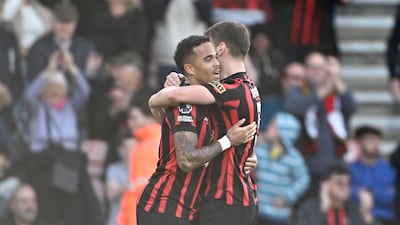 Justin Kluivert of AFC Bournemouth celebrates scoring his team's second goal with teammate Milos Kerkez. Getty Images