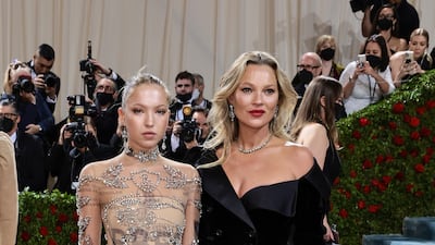 Moss with her daughter Lila Grace Moss at the 2022 Met Gala Celebrating 'In America: An Anthology of Fashion' at The Metropolitan Museum of Art. Getty Images / AFP