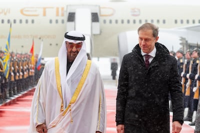 President Sheikh Mohamed is received by Denis Manturov, First Deputy Prime Minister of Russia, upon arriving at Vnukovo International Airport. UAE Presidential Court