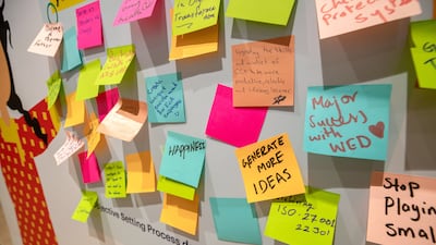 Post-it notes with inspirational messages adorn a wall.