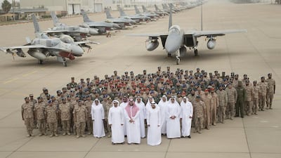 Sheikh Mohammed bin Zayed, Crown Prince of Abu Dhabi and Deputy Supreme Commander of the Armed Forces, is welcomed by Mohammed bin Salman Al Saud, minister of defence of Saudi Arabia, at King Fahd Air Force Base. The Crown Prince, along with Sheikh Hamdan bin Mohammed, Crown Prince of Dubai, Sheikh Saif bin Zayed, Deputy Prime Minister and Minister of Interior and other leaders, visited UAE personnel. Mohammed Al Hammadi / Crown Prince Court– Abu Dhabi