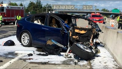 Scene where a Tesla electric 4x4 crashed into a barrier on US Highway 101 in Mountain View, California. The driver was in Autopilot mode. AP