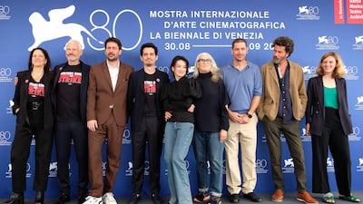 Jury members for the 'Venezia 80' film festival, from left, Laura Poitras, Martin McDonagh, Santiago Mitre, Damien Chazelle, Shu Qi, Jane Campion, Gabriele Mainetti, Saleh Bakri and Mia Hansen-Love, in Venice, Italy. EPA